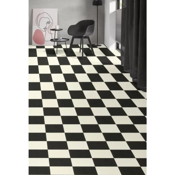 Kwantum Vinyl Vloeren | Vinyl Benson Zwart Wit Tegellook Je berekent hoeveel meters je nodig hebt door lengte en breedte in te vullen